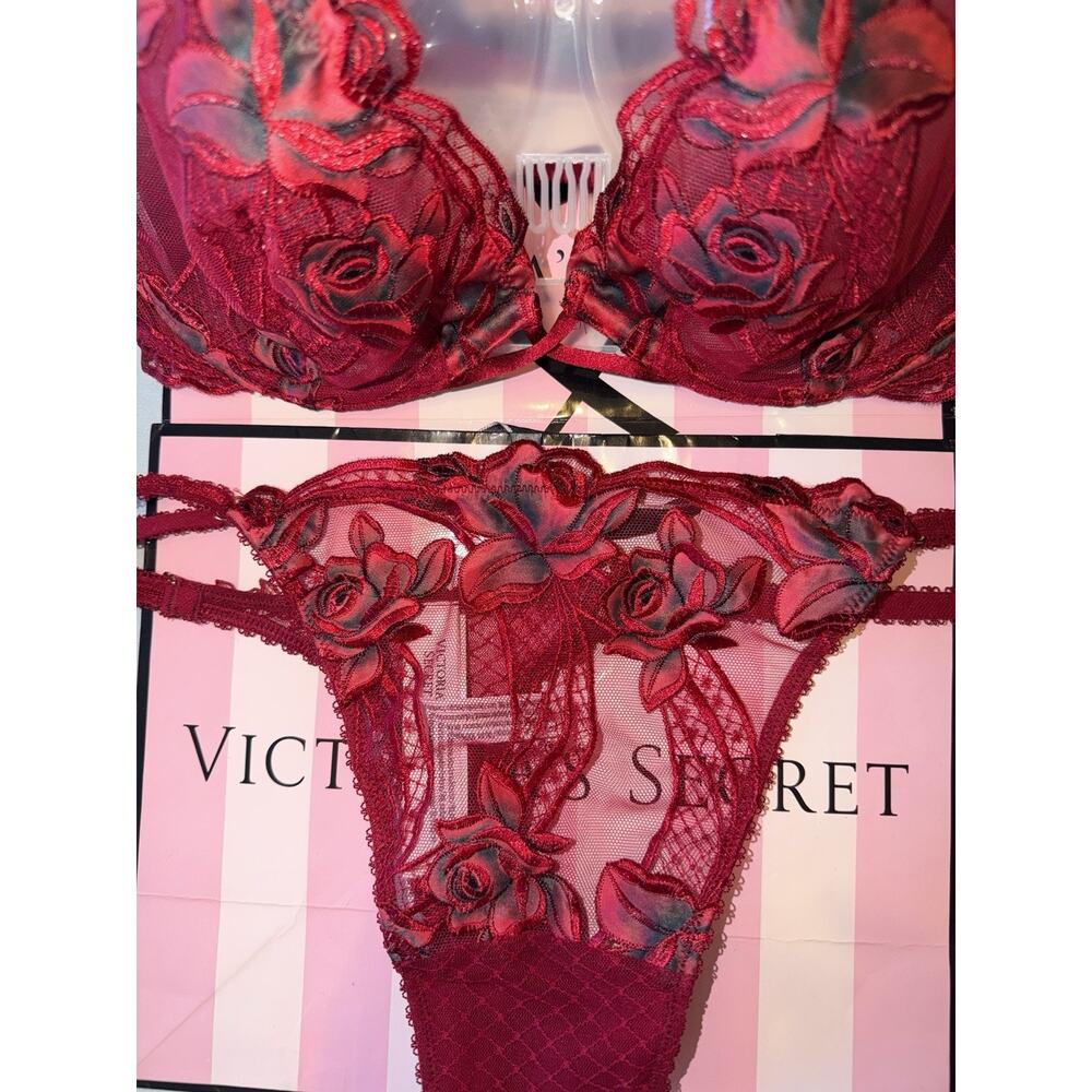 Victoria's Secret Bra Very Sexy Low Cut Demi Rose Print 38DD & Thong XL - Picture 7 of 9